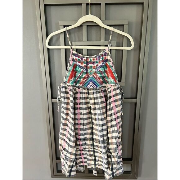 Urban Outfitters plaid embroidered baby doll top size XS pink cream - Picture 1 of 5
